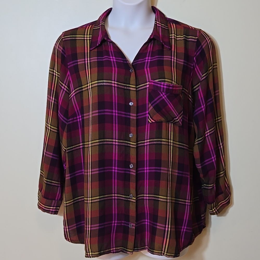 CJ Banks Plus Size Plaid Button Down Shirt Size 2X‎ Textured Rayon